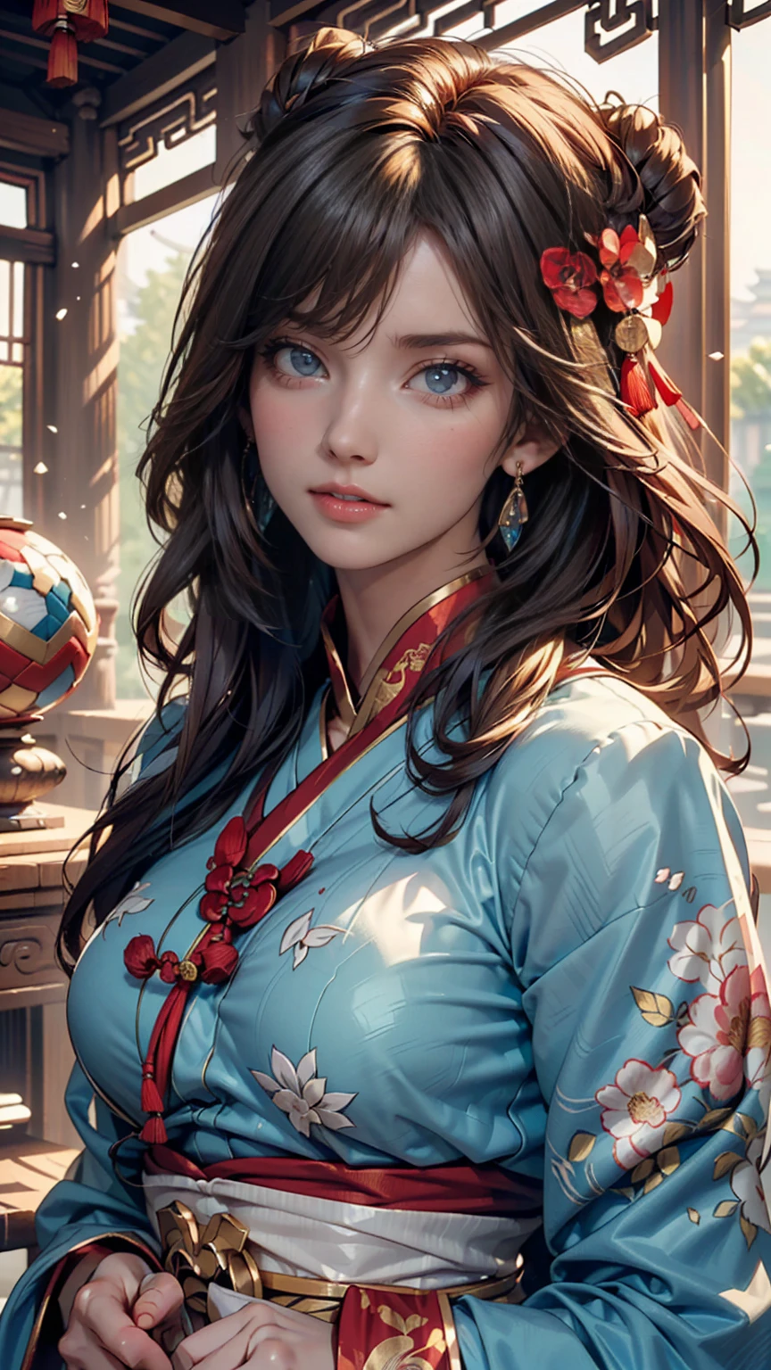 ((full body)), Samdoesarts style award-winning full body portrait of a beautiful woman, ((( Perfect Feminine Face )),(( ancient chinese clothing)), ((Chabul Hanfu)), Gazebo, complicated, (  Beautiful Details Eyes),((hairpin, Twisted Hair,  Double Ball Head)), (sunlight), Shadow graphic illustration,  digital art , art station trend in a hakama, very well detailed, detailed, complicated, artgerm、rutkowski、Alphonse Mucha's Art Style,