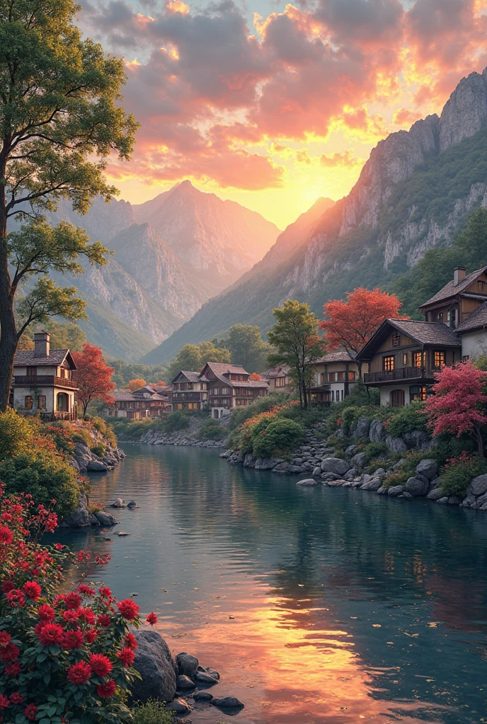 a small village by the river, mountains in the background, floral flowers colorful, detailed landscape, Beautiful natural landscapes, atmospheric lighting, scorching sunset, warm colours, practical, photopractical, Detailed Foliage, complex buildings, cobblestone street, Charming country house, swirly vibrant colors, lush vegetation, Still water reflections, Picturesque, idyllic, work of art, best qualityer, 8k, extremely detaild,anime styling