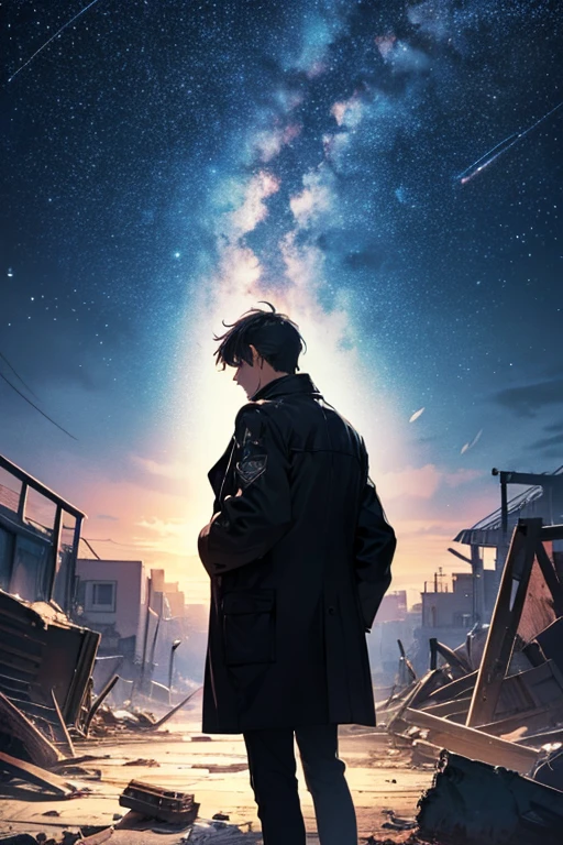 A man in a black coat looks at the stars in a destroyed world