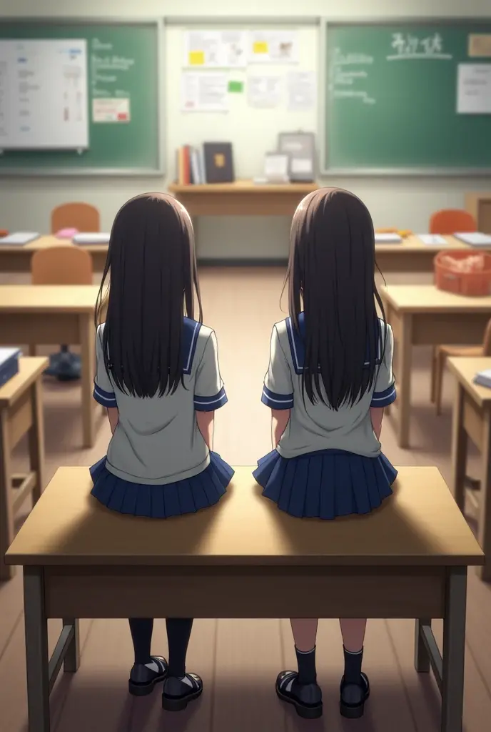 2 girl student site in class room on the bench and face front side and give me pic back side 
