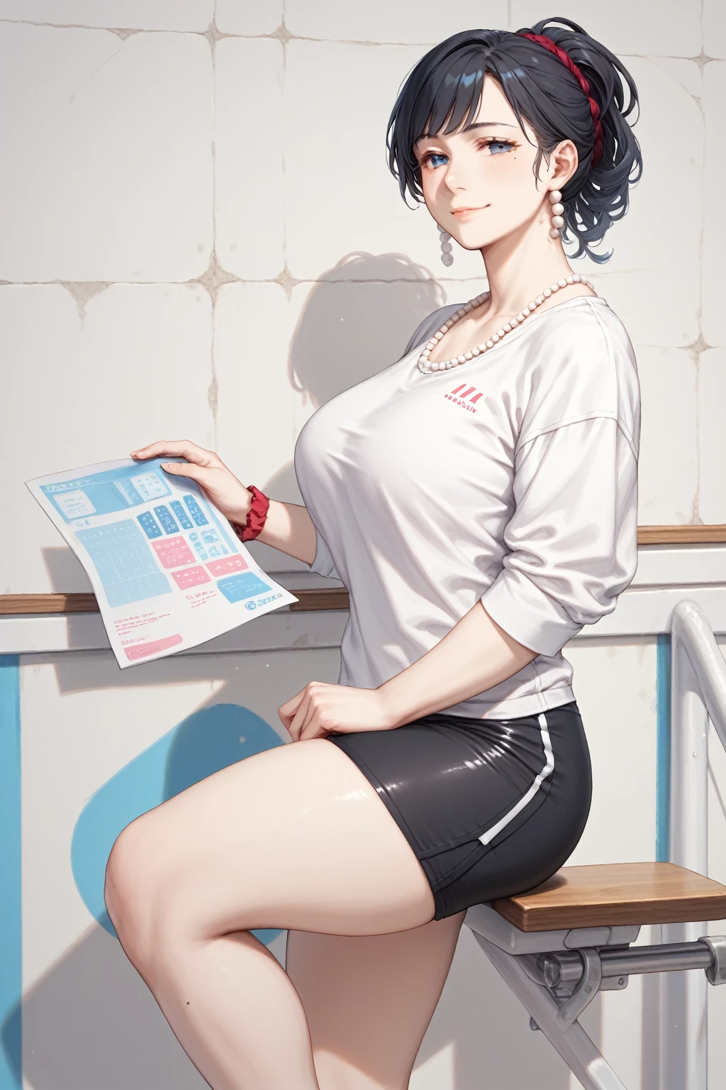 mature woman, mature face, hot face, glossy lips, (black hair, short hair, hime bangs), mature body, big breast, oversized t-shirt, magenta t-shirt, visible bra strip, lab coat, hotpants, lab