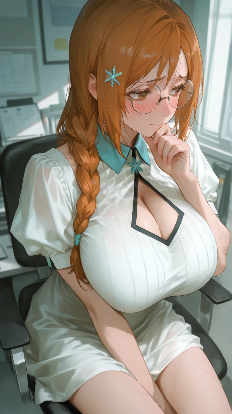magazine cover, redhead, pigtails, big breasts, sexy pose, white shirt, red plaid skirt, glasses, class room 