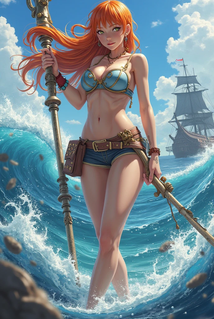 masterpiece, (Realistic:1.5), Highest quality, Beautiful lighting, Real Life, US \(one piece\), (only solo people ), 2 or more people NG, (perfect anatomy) , beautiful , , , Floating Hair, Long Orange Hair, Brown eyes, , Exposing shoulders , shoulder tattoo, large breasts , Cleavage, Slim waist, smile, , standing alone , Sweat-soaked skin, , low-rise jeans, , , 比基尼(micro:1.5, green, top only , ), full-body shot angle capturing, Wearing high heels, Detailed high heels, Bangles, bangs, Earrings, , bracelet, between legs, green belt, jewelry, Log Pause, belly button, , , , , , blue sky, cloud, big pirate ship on the sea, floor, , Detailed footwork , , , Complex, Attention to detail, Sharp focus, dramatic, (RAW Photos, 8k Ultra HD, Film Grain), Caustics, Scattered beneath the surface, reflection