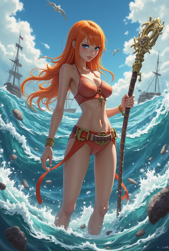 there is a woman in a bikini holding a baseball bat, nami from one piece, nami one piece, deviantart artstation cgscosiety, splashes of lightning behind her, epic digital art illustration, goddess of lightning, epic fantasy digital art style, epic fantasy digital art, 2. 5 d cgi anime fantasy artwork, mermaid cyborg with a laser whip