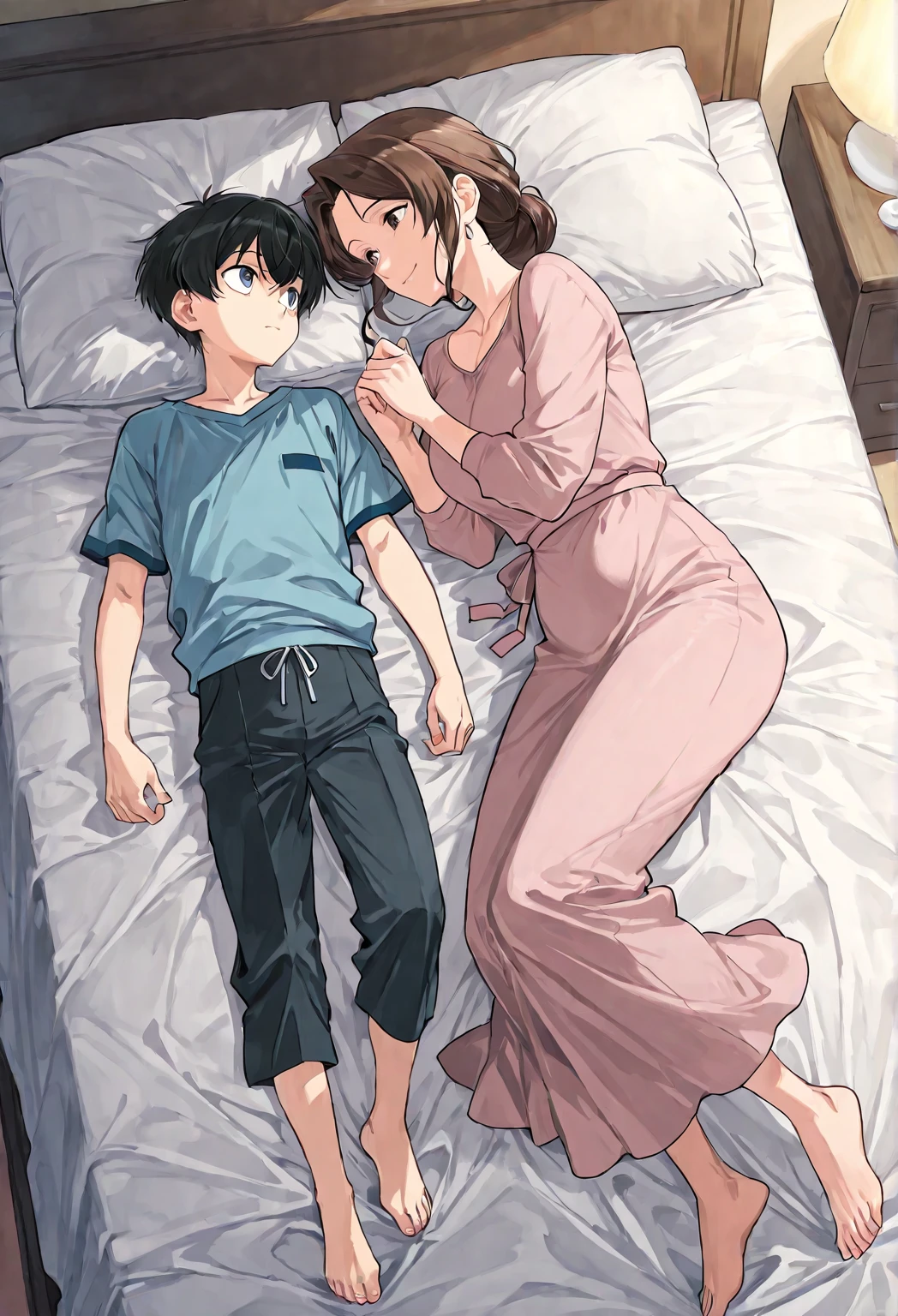 score_9, score_8_up, score_7_up, source_anime, 1boy, 1girl, mature female, mother and son, kid, hug, smile, staring at each other, lying on bed, full body, sexy, hetero
