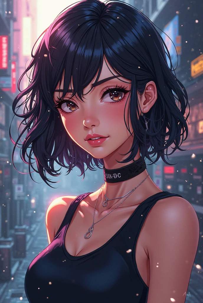 (8k, Best Quality, masterpiece:1.2),(Best Quality:1.0), (ultra high resolution:1.0), watercolor, A pretty woman, shoulder, beautiful dark eyes, sexy mischievous smile, long dark hair, pink top, hair bands, smeglejj, inspired by Drew Struzan, 80s action movie poster., long legs, action spinning spin, Half-length portrait, extremely bright shiny design, flying light particles, crimson pastel colors, (ink:1.3), dark neon alley lights, inspired by Ghibli anime
