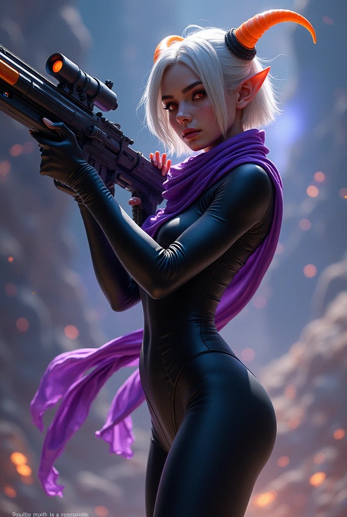 A girl with orange eyes, Black clothing, Purple scarf, 1 Singular orange left horn, Black long pants and a galactric railgun.