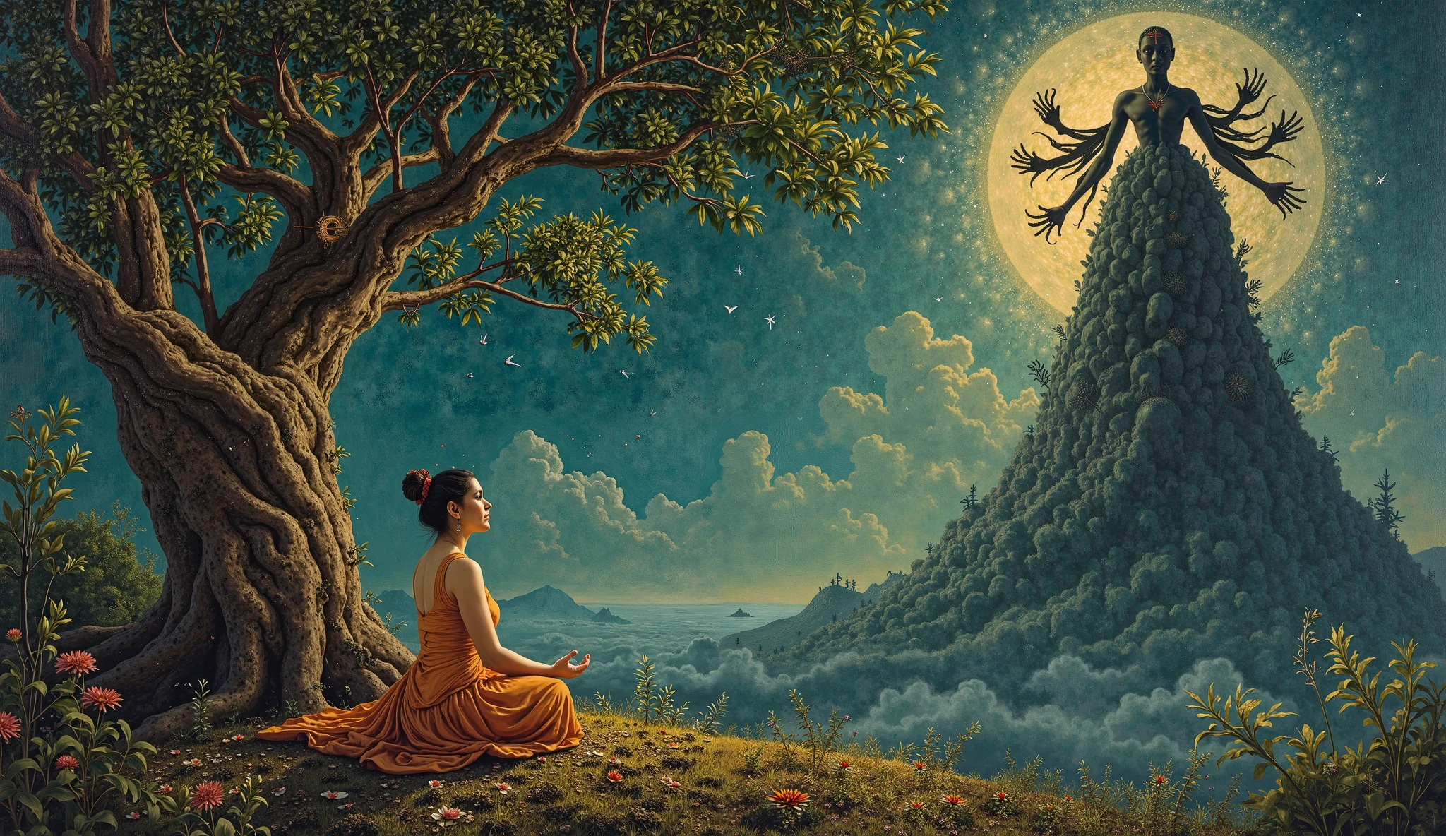 *"A haunting Tanjore-style painting revealing the midwife's terrifying vision. The canvas splits between realms - her physical form remains in meditative stillness under the banyan tree, while her third eye projects a colossal shadow figure looming over Annamalai mountain. This cosmic entity's form churns with unborn souls, its multiple arms clutching broken umbilical cords that bleed shadowy tendrils across the night sky.*"  

**Key Details:**  
1. **The Dread Vision:**  
   - Towering dark figure composed of lost birth wails  
   - Annamalai peak distorted into a giant cradle of bones  
   - 108 broken thalis (wedding lockets) orbiting its head  

2. **Midwife's Duality:**  
   - Physical body trembling yet maintaining mudra  
   - Third eye forced open unnaturally wide  
   - Medicinal herbs around her wilting to black ash  

3. **Symbolic Omens:**  
   - Village women's shadows being drawn upward  
   - The husband's scream visible as a frozen soundwave  
   - Newborn spirits forming a protective chain  

**Art Style:**  
- Kerala mural dynamism in the horror  
- Gold leaf ONLY on:  
  - The husband's scream  
  - Broken thali fragments  
  - Spirit chain  
- Hyper-realistic textures of dread  

**Lighting:**  
- Sickly green on the entity  
- Flickering gold on protective elements  
- The midwife caught between both  