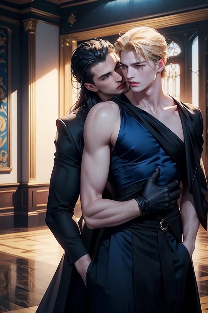 Two stunning men, both tall and well-built, fix their gaze on the camera with an air of confidence and charisma. Their chiseled features are accentuated by the soft glow of the nearby stage lights, casting intriguing shadows on their sculpted jaws. Their piercing blue eyes sparkle with intelligence and mischief as they pose for the lens, engaging the audience with their captivating smiles. The atmosphere is electric, filled with anticipation for the magic that is about to unfold on the screen.