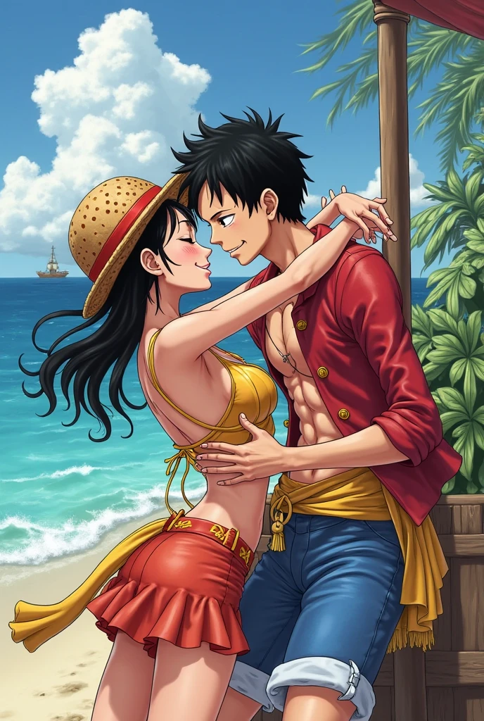 a drawing of a man name Monkey D Luffy and woman name Boa Hancock kissing under an umbrella, concept art of love, kissing together cutely, marton gyula kiss ( kimagu ), centimeters away from my face, clean anime outlines, by Naka Bokunen, perfect lineart, emotional picture,