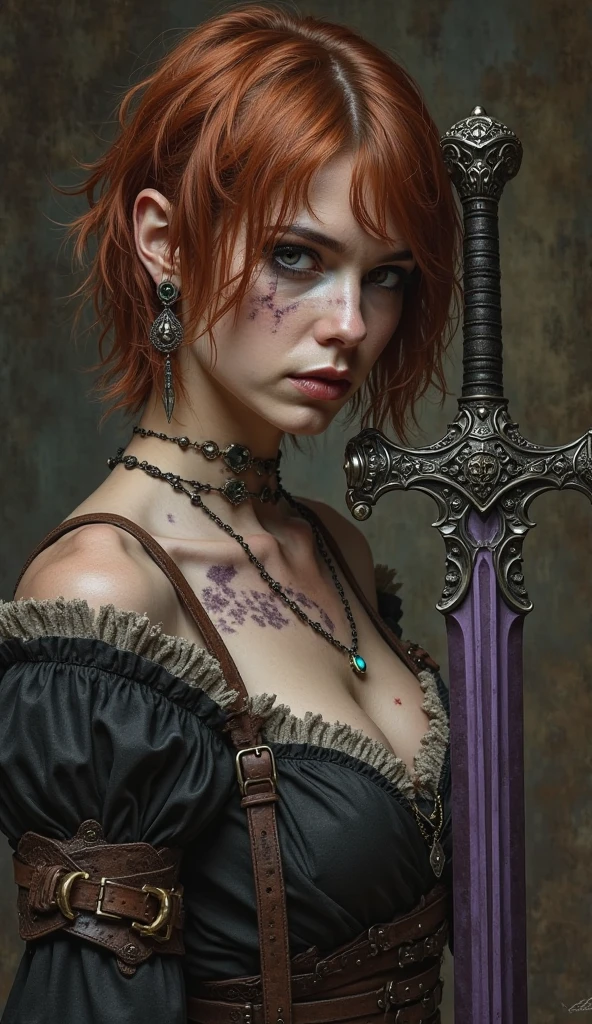 imagine A not very beautiful woman, disfigured on her face by battles, psychopathic female killer with short reddish brown hair unsheathing her sword from her black leather scabbard,  purple blade ,  black spot on the eye , Medieval dark fantasy, feather earring,  swollen cheekbones , brown leather strap , hook-shaped nose ,  bulging eyes , mouth deformed by a scar on her lower lip that continues to the bottom of her chin,  pointed chin ,  black spot on the eye 