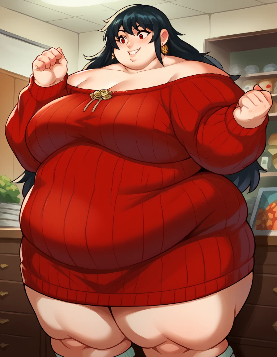 fat, large belly, big belly, very fat, large stomach, chubby (best quality, masterpiece), fat belly, large belly, Mikan Tsumkiki, sitting, holding belly, table, Christmas, wearing a sweater, fat, table,