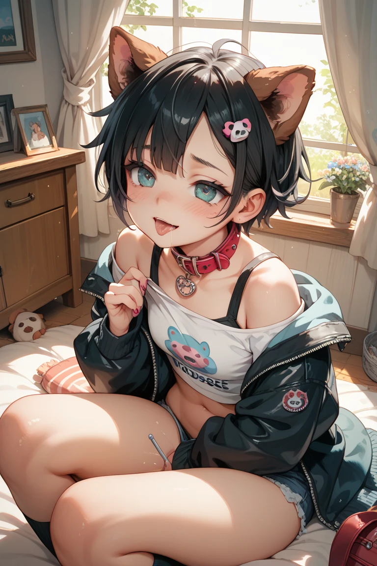 (master piece: 1.1), 1girl, mature, medium breasts, (1girl with pink hearts on her shirt and pink pants), detailed socks, pov art, soft anime, ((she is sitted showing his socks paws to viewer)), paw design on socks, close-up, showing panties, skirt, detailed eyes, detailed legs, embarassed, cute, SHORT HAIR, cat ears on head, highly_detailed, bedroom, below view,