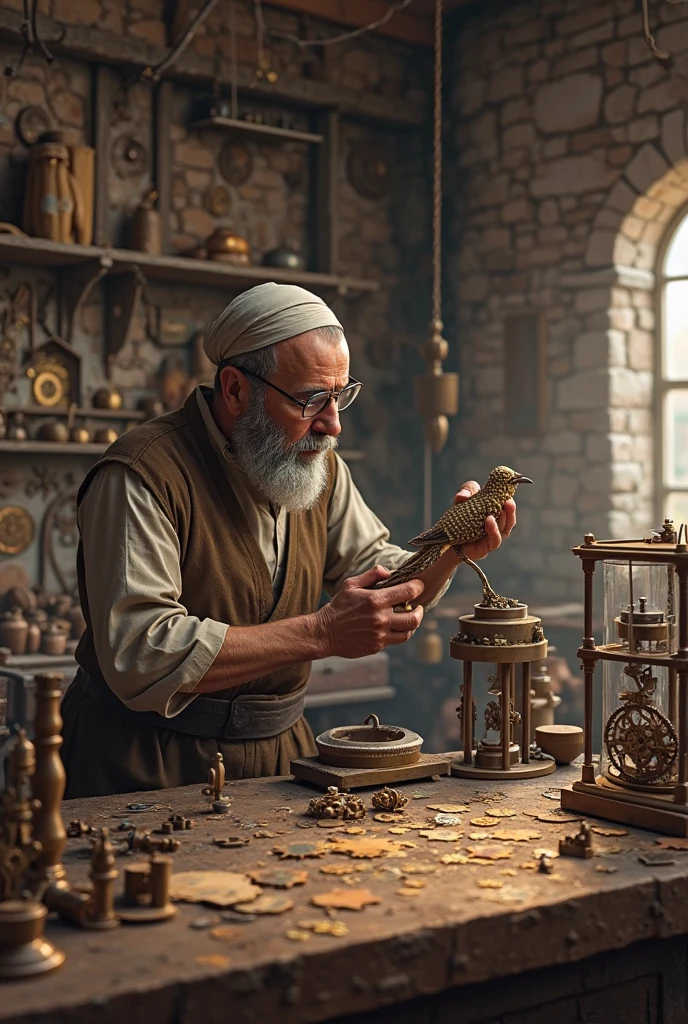 old work shop filled wit gears, levers and water clock a Muslim scientist from the year 1225 making a mechanical bird the mechanical bird should be made of metal and filed with gears and there should be a water clock on the table THE WHOLE PIC SHOULD BE ANIMATED