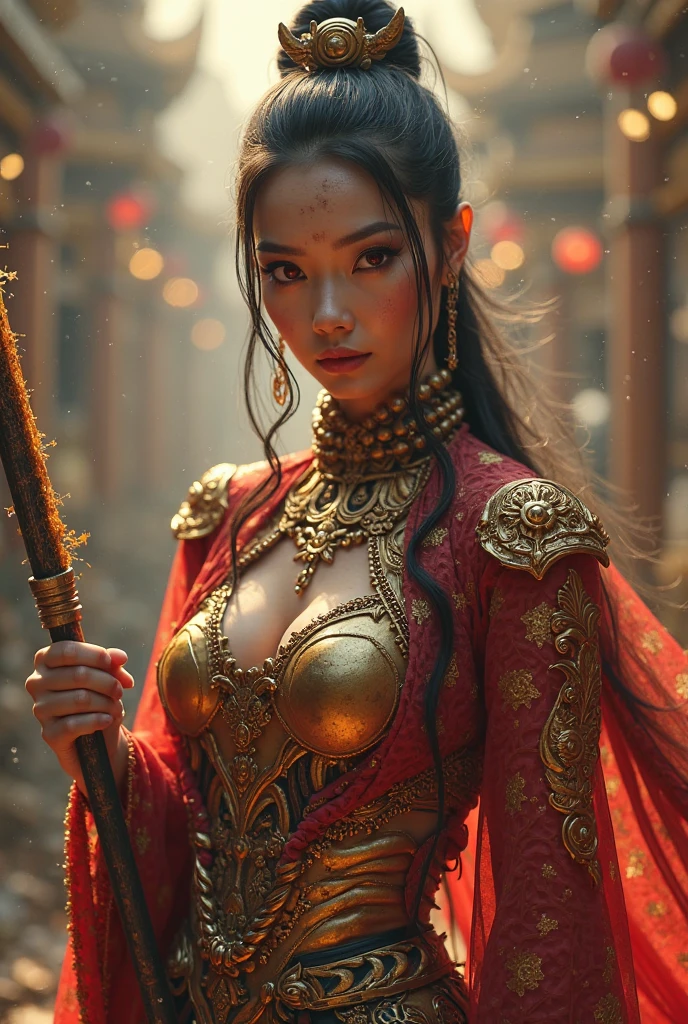 Ultra-realistic photo of a 
 powerful big-muscular fantasy beautiful sexy witch hat with long and piercing glowing red-eyes,evil sly smile,wearing highly detailed red and gold Royal-Thai pattern coat muscular armor with metallic gold textures and weathered surface, **horsetail hairstyle with Royal Thai ornament witch hat**, right hand holding a long gigantic glowing energy big-blade spear, left fist to a camera ,cinematic lighting, sharp focus, shallow depth of field, high dynamic range, soft shadows, realistic materials, photo taken in a studio with fantasy heaven city background, 85mm lens, f/1.4, ISO 100, 8K photo