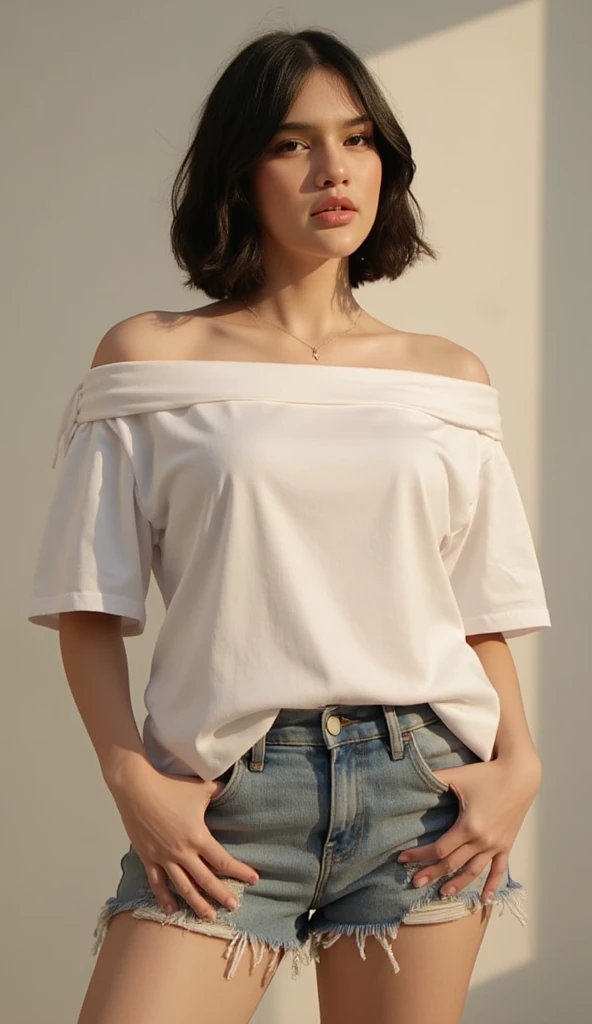 Highest quality masterpiece 8K Ultra-detailed Face 茶髪のBeauty Highest quality masterpiece 8K Ultra-detailed Face Beauty Shoulder-length hair Thighs Off the shoulder Clothes with exposed shoulders Summer clothes Panty shots from the gap in shorts M-shaped legs Panties are visible through the gap in her shorts Spread your legs