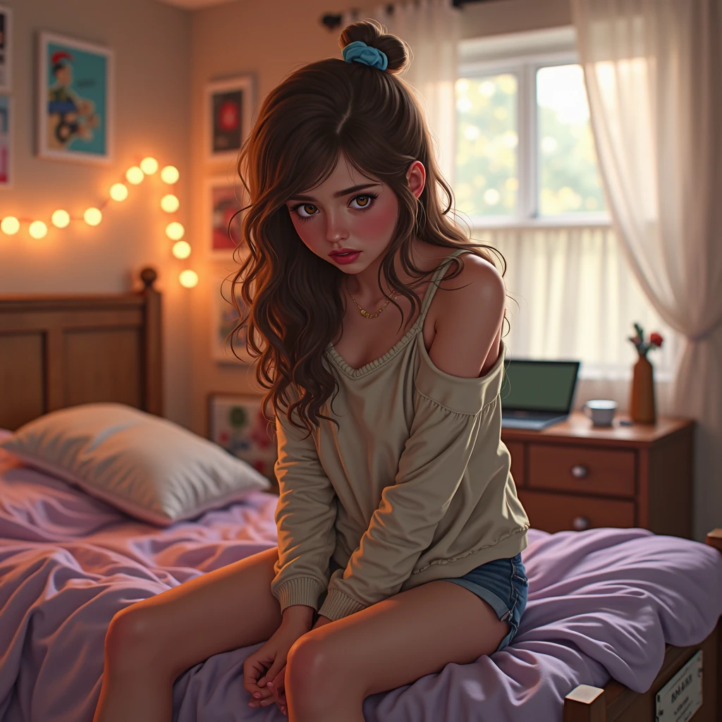 A cozy age girl’s bedroom in soft late afternoon light, warm and intimate atmosphere, with fairy lights draped over a wooden headboard casting a gentle glow. An unmade bed with tangled pastel pink and lavender sheets, pillows scattered. A cluttered desk with books, a laptop, a coffee mug, and quirky trinkets. String lights and indie band posters on the walls, a hint of vanilla scent in the air. A young woman, 18, with long wavy chestnut hair tied loosely with a scrunchie, wearing an oversized sweater slipping off one shoulder and short shorts, sitting on the bed’s edge. Her expression is a mix of feigned embarrassment and subtle mischief, hazel eyes wide and pleading, cheeks slightly flushed. She fidgets with the hem of her shorts, legs crossed tightly, body language suggesting nervousness but with a calculated charm. The scene is soft and suggestive without being , focusing on emotional tension and a playful, ambiguous vibe. Cinematic composition, realistic style, warm color palette with pops of pastel, high detail, soft shadows.