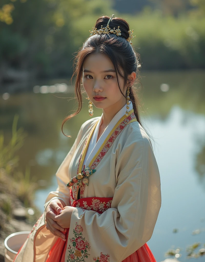 A beautiful young Korean woman, wearing Korean princess clothes, she is washing her bra and panties and plastic bucket beside of him in a small reservoir on the riverbank of her village, real photo, real Korean people, high quality photo, perfect face, 32K HDR, real graphics, front facing photo