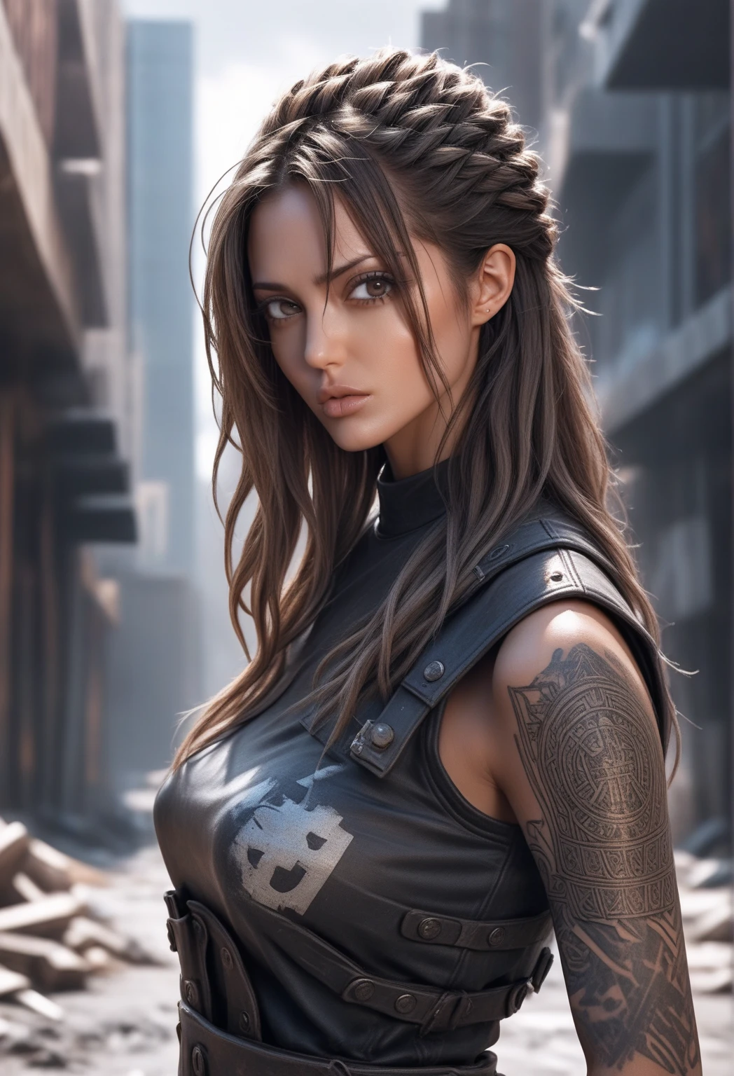 a hyper realistic ultra detailed photograph of a futuristic beautiful barbarian woman wearing sunglasses at a dystopian city, tattered outfit with rusty metal armor plates, long wild hair, tattooed hands and body, fashion pose, detailed symmetric beautiful hazel eyes, detailed gorgeous face, apocalyptic environment, exquisite detail, 30-megapixel, 4k, Canon EOS 5D Mark IV DSLR, 85mm lens, sharp focus, intricately detailed, long exposure time, f/8, ISO 100, shutter speed 1/125, diffuse back lighting, award winning photograph, facing camera, looking into camera, monovisions, perfect contrast, High sharpness,  symmetry, depth of field, ultra-detailed photography, raytraced, global illumination, TanvirTamim, smooth, ultra high definition, 8k, unreal engine 5, ultra sharp focus, award-winning photograph, trending on artstation