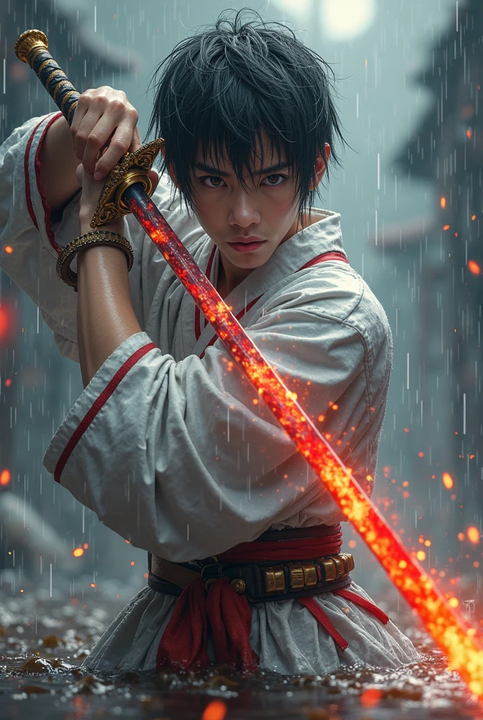 A handsome young Asian swordsman in dark-fantasy style, sternly faced with a sharp gaze, short-haired messy black color, Wearing a white robe with a red striped motif resembling blood. He wields a demon-designed sword that exudes an aura of fire spots reddish-orange at the tip of its blade. The atmosphere of torrential rain and full of splashes of water, with the effect of smoldering fire on the surrounding water surface. Dramatic lighting scheme that highlights the swordsman from the front, creates a sharp reflection effect over puddles. The blurred background reveals glimpses of shades of gray and the rain mist. The style resembles a dark fantasy illustration, with details of mystical ornaments on clothes and swords. The camera is at a low viewing angle, highlights the low half pose displaying gallantry and strength. Render hyper-detailed, focuses on the texture of clothing and intense expression, with high-contrast cinematic lighting. Realistic look but retains anime elements/fantasi, with the effect of water particles, bara api, and smooth smoke.