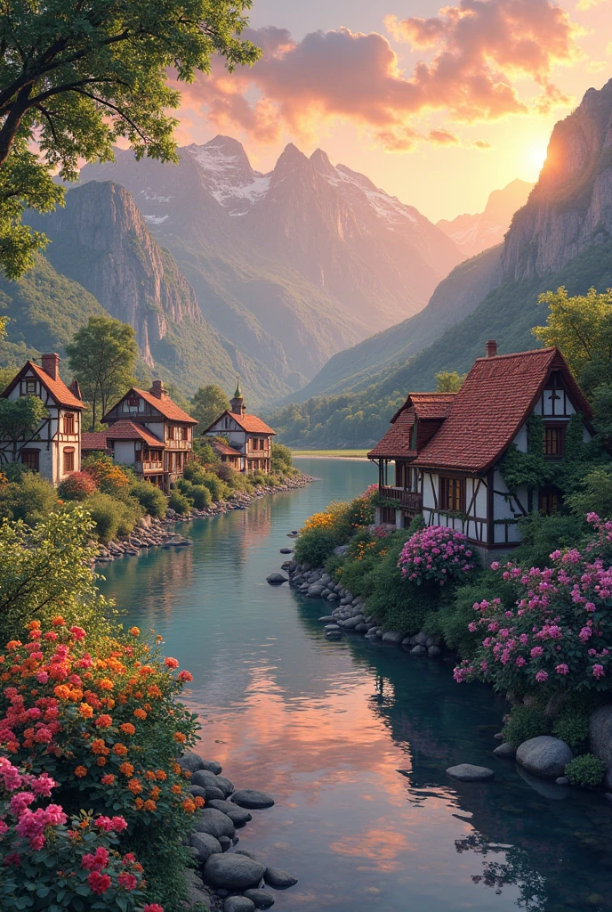 a small village by the river, mountains in the background, floral flowers colorful, detailed landscape, Beautiful natural landscapes, atmospheric lighting, scorching sunset, warm colours, practical, photopractical, Detailed Foliage, complex buildings, cobblestone street, Charming country house, swirly vibrant colors, lush vegetation, Still water reflections, Picturesque, idyllic, work of art, best qualityer, 8k, extremely detaild,anime styling