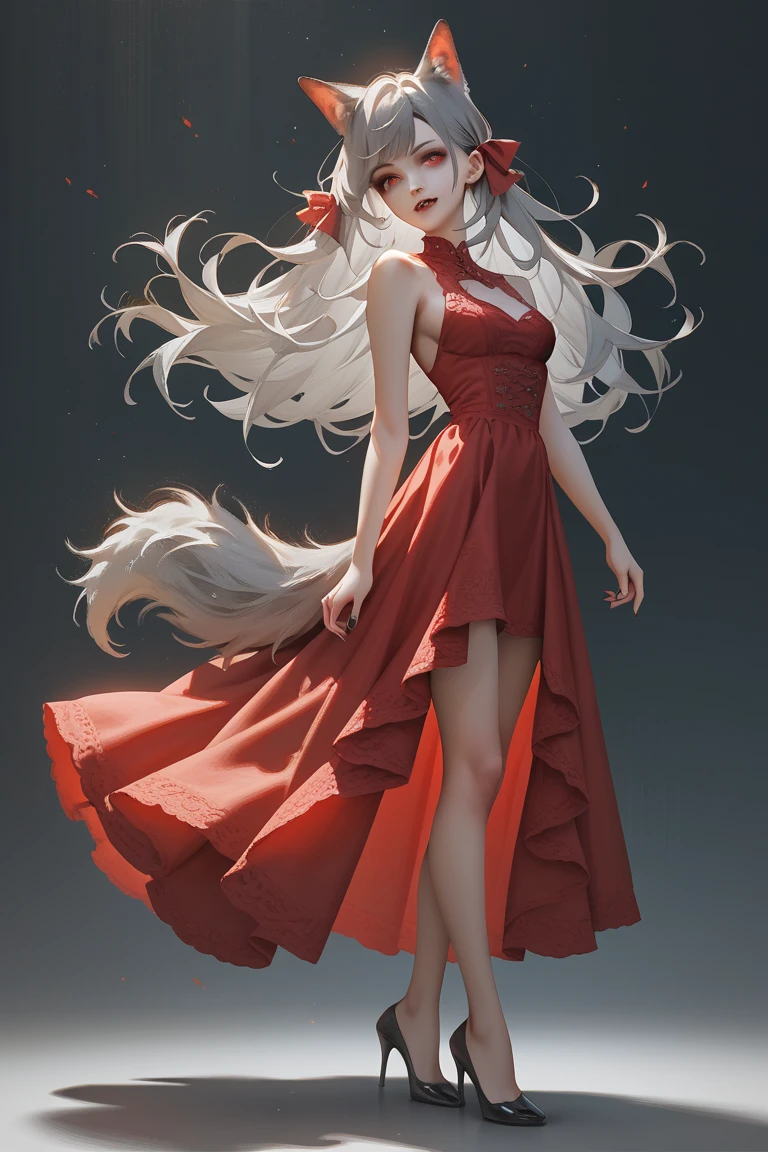 A dog Girl with red eyes long grey hair wearing black heels and a red dress that has dog ears and a fluffy dog tail and vampire vangs