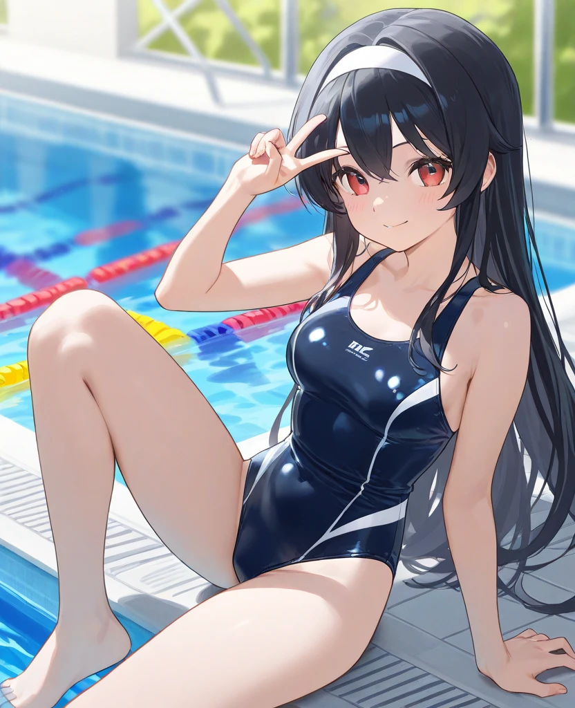 (masterpiece:1.2),(Highest quality), (High resolution), (unity 8k wallpaper), (shape:0.8), (Beautiful attention to detail:1.6), Highly detailed face Yorbraia, (Yor Briar), Black Hair, (Red eyes:1.5), Earrings, Long Hair, white hairband, (Medium Breasted:1.2), smile, Put your arms behind your back, whole body, Extremely detailed CG, (Perfect hands, Perfect Anatomy), ( white competition swimsuit), (wet), View your viewers, enter the sea, (from below: 1.2), squatting,Cowboy Shot, dutch angle, Outdoors, beach