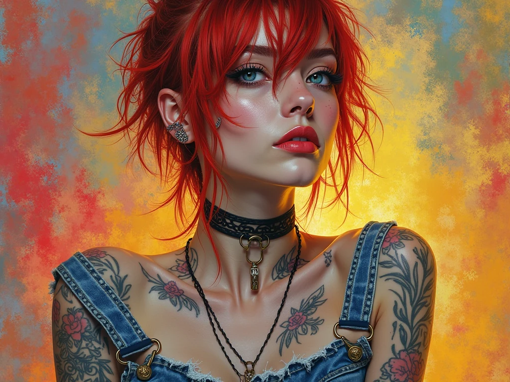 an abstract, vibrant portrait of a 22 year old European woman, blending punk aesthetics with elegance and grace. She has striking red hair styled in a carefree, edgy manner, shaved on one side her glowing eyes captivating the viewer with a magnetic, otherworldly charm. Her face features strong eyeliner that accentuates her expressive eyes, defined cheekbones, and a sculpted jawline, creating a perfect harmony of natural beauty and charisma.

She wears weathered denim miniskir that reveal her fit frame, and a midriff-baring top, showcasing a subtle tattoo along her side. Multiple earring piercings adorn her ears, each catching the light in a way that adds to her punk-inspired look. Her posture exudes confidence and versatility, complementing her toned, athletic physique.

The color palette is vibrant and imaginative, blending bold, saturated hues with softer tones to create a dreamlike quality. Her skin carries subtle weathered details, adding depth and character to her appearance, while her expression conveys a mix of emotions—strength, defiance, and allure.

Rendered in an abstract style, the background is a riot of swirling colors and shapes, seamlessly blending with her form to enhance the surreal, artistic vibe. The intricate details in her tattoos, piercings, and facial features contrast with the fluidity of the abstract environment, creating a visually stunning composition. 

This masterpiece celebrates her natural beauty, punk edge, and charismatic presence, delivering a highly detailed and imaginative portrayal that is both photogenic and emotionally resonant.