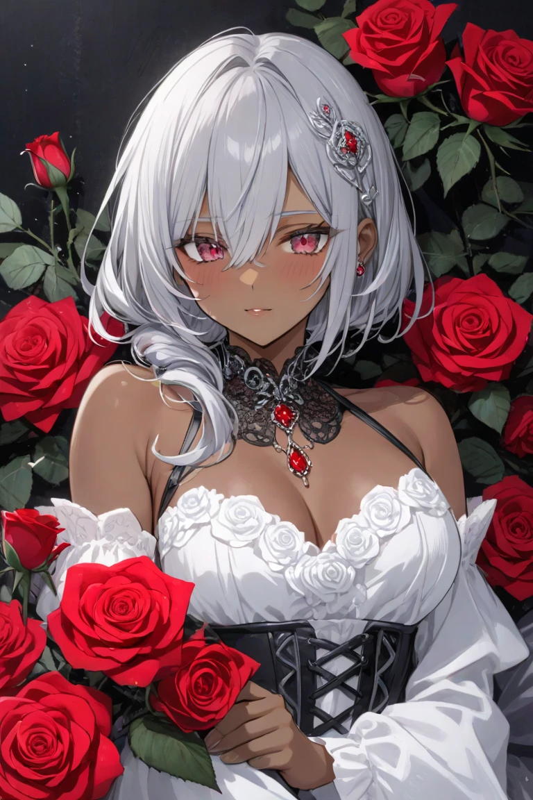 (from above:1.2),(from side:0.9), ((Face)), (Close-Up:0.4), ((looking at viewer, holding a bouquet to his mouth)), highest quality、(real、photorealistic:1.4)、(RAW photo:1.2)、very detailed CG unity 8k wallpaper, delicate and beautiful, wonderful, Fine detail, official art, disorganized, very disorganized, huge file size, Ultra-detailed, very detailed, very detailed girl, very detailedなeyes and face, Bright on the face、(teenage girl:1.7)、small smile, ,smiling, miorine rembran, ahoge, (white hair:1.25), hair between eyes, hair bun, (long hair:1.25), tiara,,ruanyi0261,off-shoulder dress,pearl \(gemstone\),tiara,veil,wedding dress, wedding necklace, wedding long gloves, (luxurious bouquet), chapel, Stained glass,(best quality, highres, masterpiece:1.2), ultra-detailed, (realistic:1.37) illustration, erotic style, soft lighting, sweat glistening on her body, gentle warmth, dark and mysterious, small breast,narrow waist,(with sparkling eyes and a contagious smile),her thin pubic hair, looking at viewer,