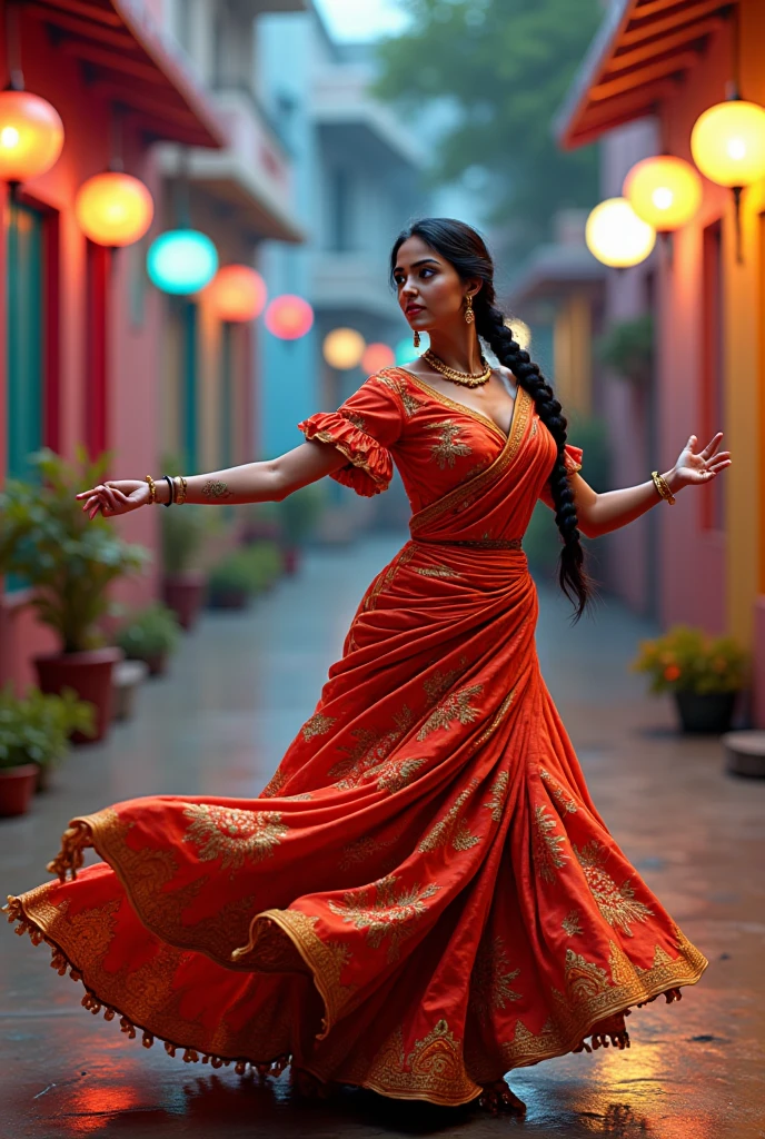 A young Indian woman in her mid-20s with Her hair is braided in one long black braid and she wears earrings. ((full body)), She is wearing a traditional Saree while dancing the flamenco on the festivals streets of a small Indian village. creating a cinematic, intricate, photograph, Best quality, (extremely colorful:1.3), (psychedelic:1.2), (realistic), (Bio-luminescence:1.3), highly detailed, hyper realistic, perfect artwork, masterpiece, highers, layered lighting