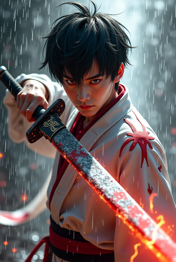 A handsome young Asian swordsman in dark-fantasy style, sternly faced with a sharp gaze, short-haired messy black color, Wearing a white robe with a red striped motif resembling blood. He wields a large sword resembling a devil-designed cleaver that emits an aura of reddish-orange flames at the tip of his blade. The atmosphere of torrential rain and full of splashes of water, with the effect of smoldering fire on the surrounding water surface. Dramatic lighting scheme that highlights the swordsman from the front, creates a sharp reflection effect over puddles. The blurred background reveals glimpses of shades of gray and the rain mist. The style resembles a dark fantasy illustration, with details of mystical ornaments on clothes and swords. The camera is at a low viewing angle, highlights the low half pose displaying gallantry and strength. Render hyper-detailed, focuses on the texture of clothing and intense expression, with high-contrast cinematic lighting. Realistic look but retains anime elements/fantasi, with the effect of water particles, bara api, and smooth smoke.
