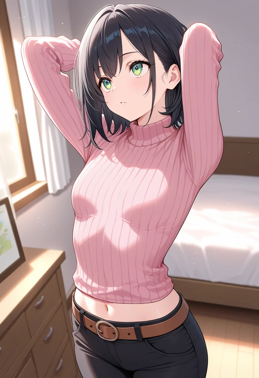highest quality,1 Girl, orgasm, blush, Close your mouth, Sweat, brown hair, brown eyes, shirt, skirt,((Lift skirt, pink panties:1.3)), indoor