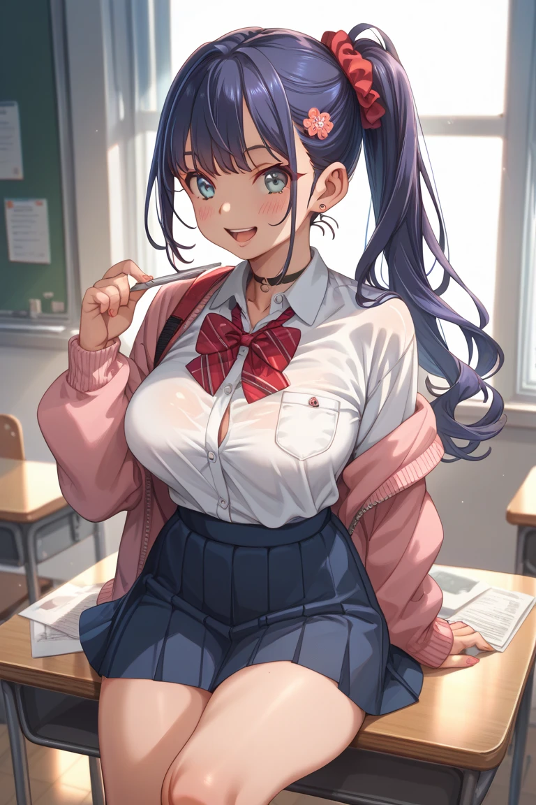 Solo, 1Girl, hanekawatsubasa, Hanekawa Tsubasa \(Monogatari Series\), along Dark Purple Hair, Two Large Braids, Rounded-Rim Glasses, Pink School Uniform, Gigantic Breast Size, Hugely Busty Chest, Wide Hips, Thick Squishy Thighs, Large Round Ass, Black Pleated Skirt, Black Thighhigh Socks, Playful Smile, (((‘:3’ Face))), :3, ((Leaning Forwards, From Above)), School Classroom Background, Wind Coming from Windows, Twilight Time, Orange Lighting, Masterpiece, 4K Resolution