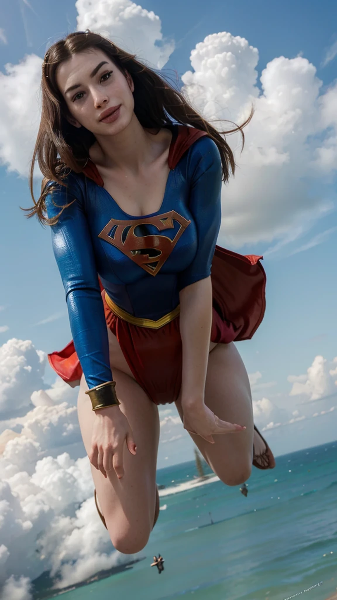 RAW, Best quality, high resolution, realistic, masterpiece: 1.3), Supergirl, black hair, perfect nose, perfect lips, perfect eyes, smiling, detail :1.2), supergirl in short red skirt, blue supergirl skinsuit, full body image detail, watery eyes, RAW, Best quality, high resolution, masterpiece, duchenne smile, toothy smile, show back side, standing, one foot on a boulder, cross legs, spread legs wide open showing white lace panties, red skirt, show cameltoe, medium thick thigh, The Catlins waterfalls, full body picture.