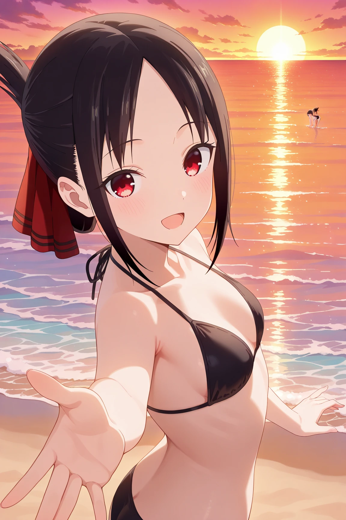 Black hair, Red locks, beachwear, good, string,Cute red eyes