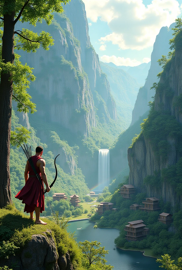 Create a landscape surround by big green mountains, a waterfall and a rainbow forming, there are huts in the background and garden around the huts, and there is a tall person near a tree holding a bow he's a sage with muscular body, volumetric lighting realistic image.