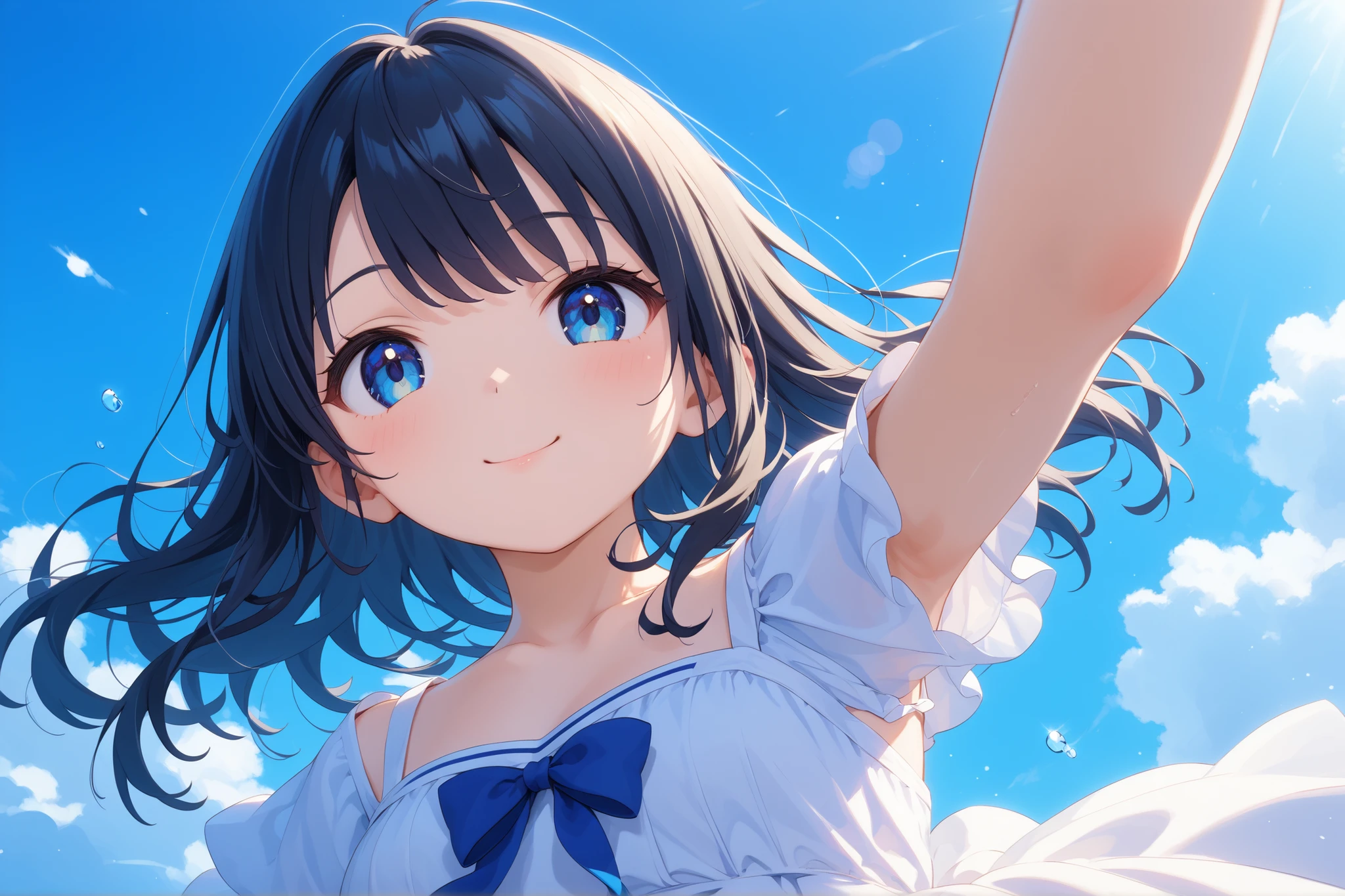 Sky and girl、
blue sky background、blue sky、 White Clouds 、
(1 girl), soft expression、 white dress、long black hair:1.5, blue eyes , cute face、fluttering hair、dramatic lighting、bright color、Strong brushstroke 、High Contrast、
high resolution , masterpiece, accurate, 人体解剖学的に accurate,
anime,
風にfluttering hairを手で抑えるポーズ, low angle、
top quality, high resolutionモデル, super accurate, 3D renderings
、 decorative art, Impressionism,