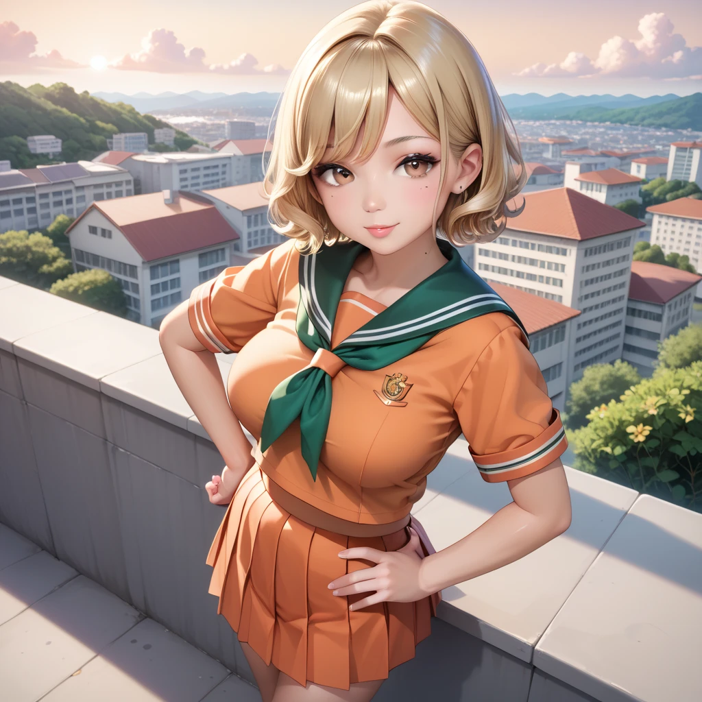 (((perfect anatomy, anatomically correct, super detailed skin))), 1 girl, japanese, high school girl, shiny skin, watching the viewer, 
beautiful hair, beautiful face, beautiful detailed eyes, (short hair:1.2),  red curly hair:1, brown eyes, babyface, mole under eye, 
beautiful clavicle, beautiful body, beautiful breasts, large breasts:0.5, beautiful thighs, beautiful legs, 
((short sleeves, all orange cute sailor suit, orange pleated skirt, orange sailor collar, green sailor scarf, socks, brown loafers)), seductive thighs, , 

(beautiful scenery), summer, school rooftop, building, chain-link fence, 
8k, top quality, masterpiece​:1.2, extremely detailed), (photorealistic), beautiful illustration, 

 standing with one hand on her hip, the other arm hanging loosely or playing with her hair.