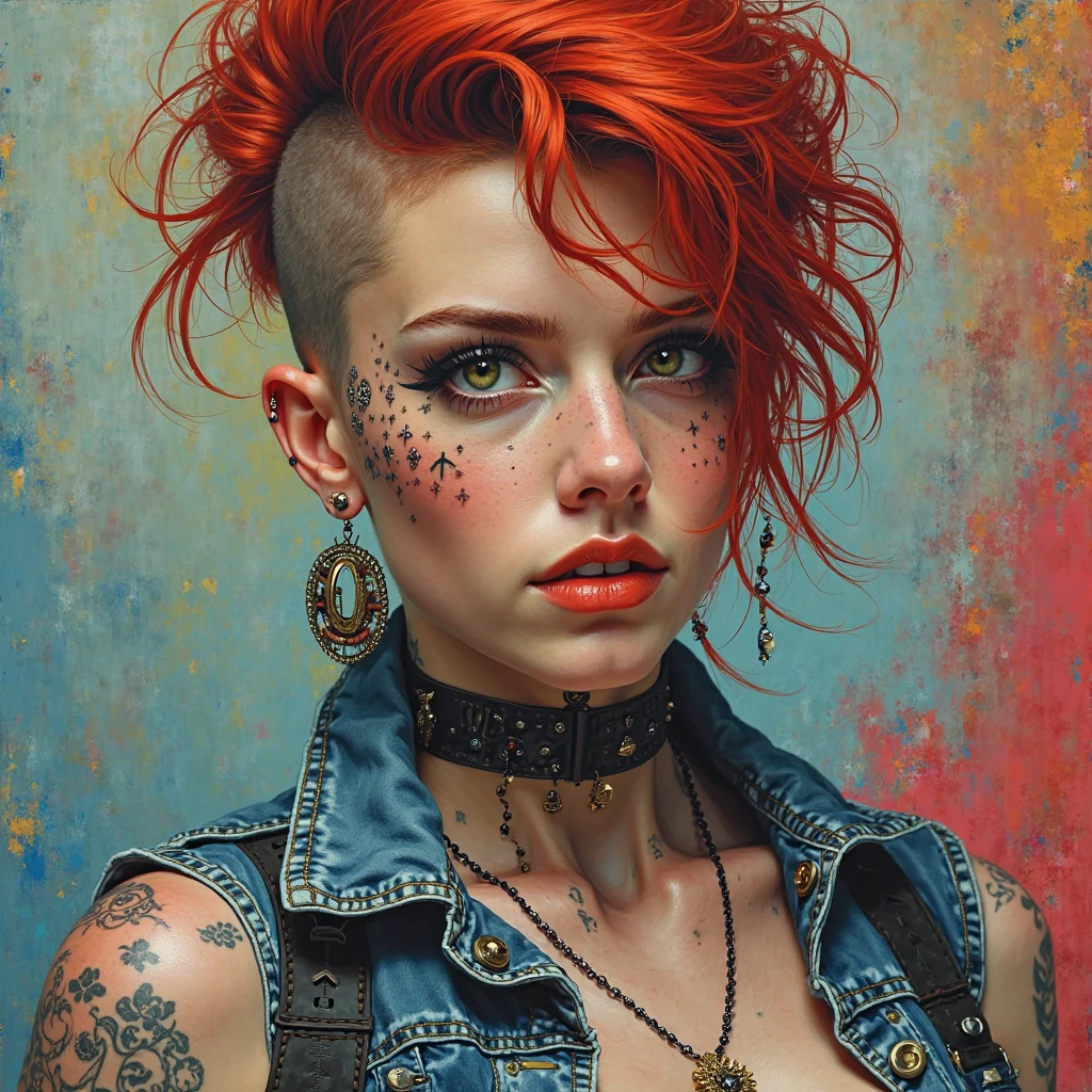 an abstract, vibrant portrait of a 22 year old European woman, blending punk aesthetics with elegance and grace. She has striking red hair styled in a carefree, edgy manner, shaved on one sid, her glowing eyes captivating the viewer with a magnetic, otherworldly charm. Her face features strong eyeliner that accentuates her expressive eyes, defined cheekbones, and a sculpted jawline, creating a perfect harmony of natural beauty and charisma.

She wears weathered denim miniskir that reveal her fit frame and perfect thighs, and a midriff-baring top, showcasing a subtle tattoo along her side. Multiple earring piercings adorn her ears, each catching the light in a way that adds to her punk-inspired look. Her posture exudes confidence and versatility, complementing her toned, athletic physique.

The color palette is vibrant and imaginative, blending bold, saturated hues with softer tones to create a dreamlike quality. Her skin carries subtle weathered details, adding depth and character to her appearance, while her expression conveys a mix of emotions—strength, defiance, and allure.

Rendered in an abstract style, the background is a riot of swirling colors and shapes, seamlessly blending with her form to enhance the surreal, artistic vibe. The intricate details in her tattoos, piercings, and  features contrast with the fluidity of the abstract environment, creating a visually stunning composition. 

This masterpiece celebrates her natural beauty, punk edge, and charismatic presence, delivering a highly detailed and imaginative portrayal that is both photogenic and emotionally resonant.