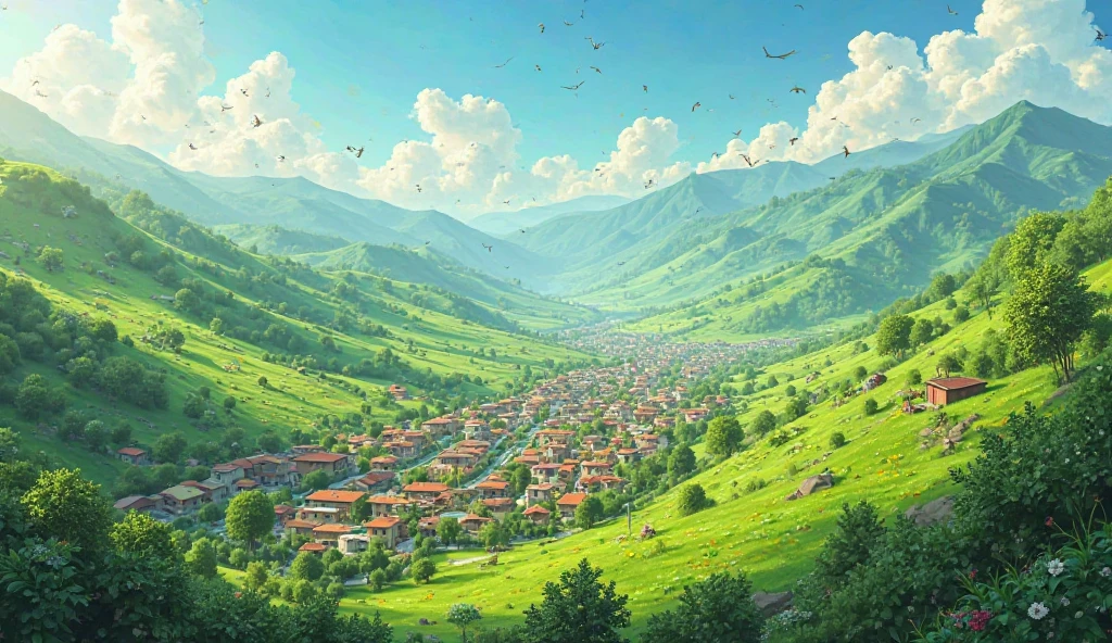 A beautiful, green village named "Lal Bux Lashari" nestled between peaceful hills.
A wide aerial view of a vibrant, colorful village surrounded by lush hills, birds flying, and sunlight bathing the landscape. In Pixar style result 