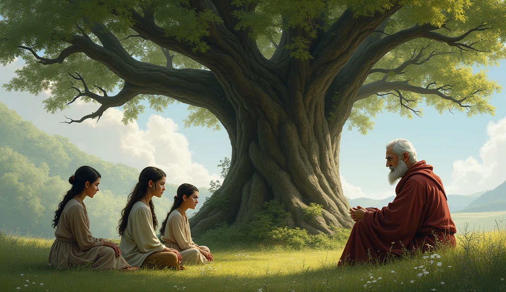  Three sisters sitting in front of a wise old man under a tree.