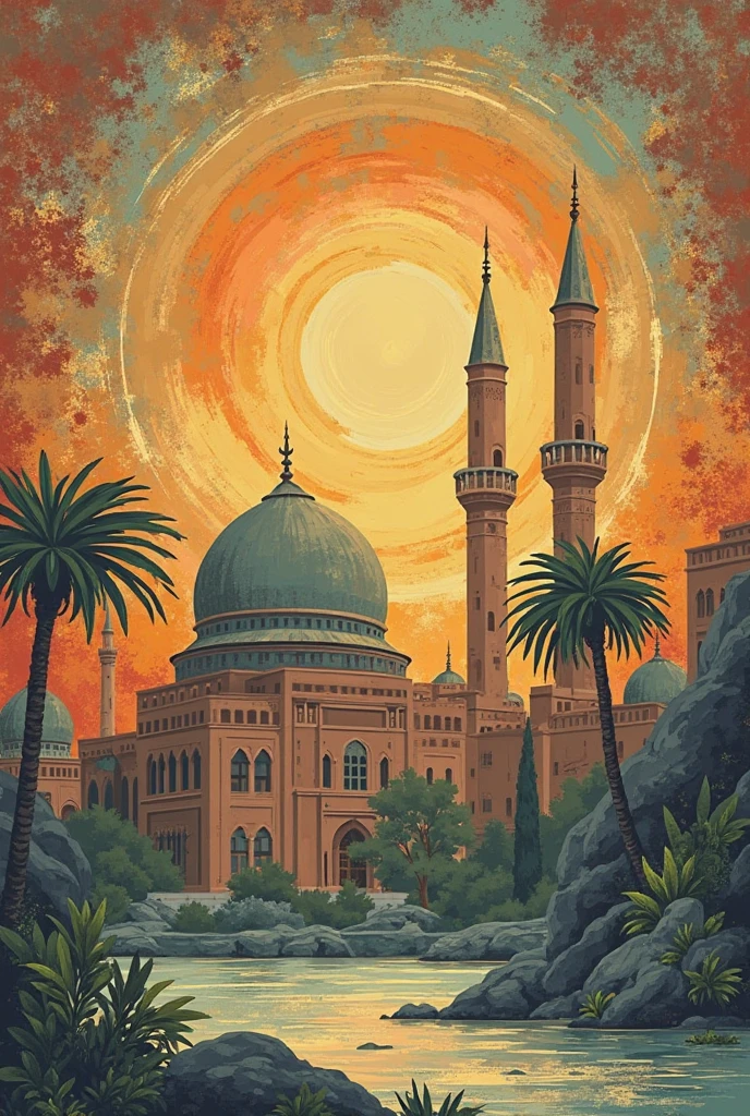 I need to make a poster for a 2 day event called "Salon Aux sources" dont le theme est "Retour aux sources, agir pour demain" linked to Islam, les 2 sources étant le coran et la sunna du prophete mohamed, help me prepare this poster, give me ideas for color images etc ..., donne moi des exemles d'affiches deja faites ; le theme doit etre ecrit, I also want the theme of the future to be clear, And an image of the Prophet's Mosque in Medina