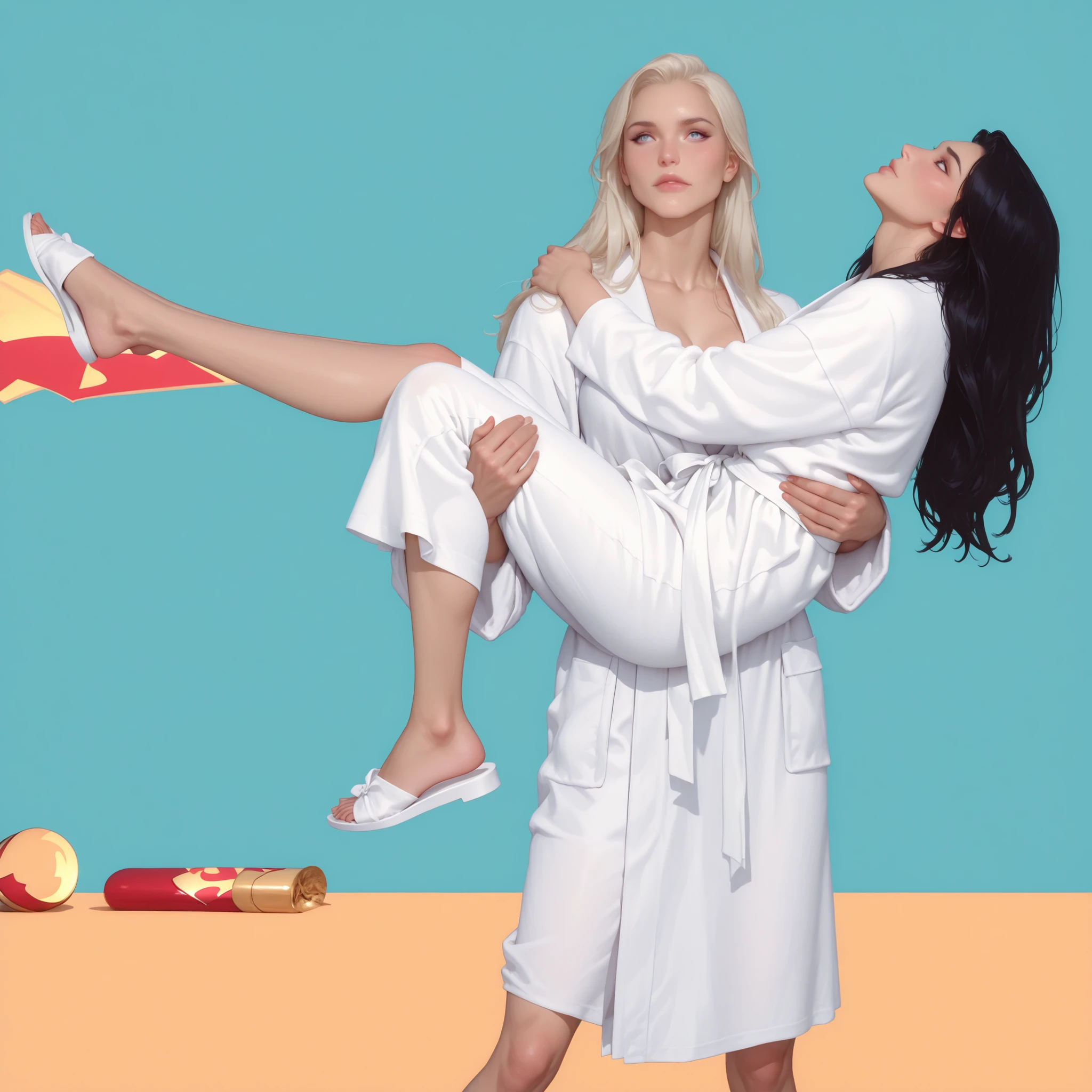 generate a semi-realistic style image, 2girls, in love, supergirl wearing a white bathrobe is carrying wonder woman who is also wearing a white bathrobe, princess carry, deeply in love, lesbian couple, break, perfect anatomy, best quality, perfect eyes, perfect face, perfect hands, perfect legs, masterpiece