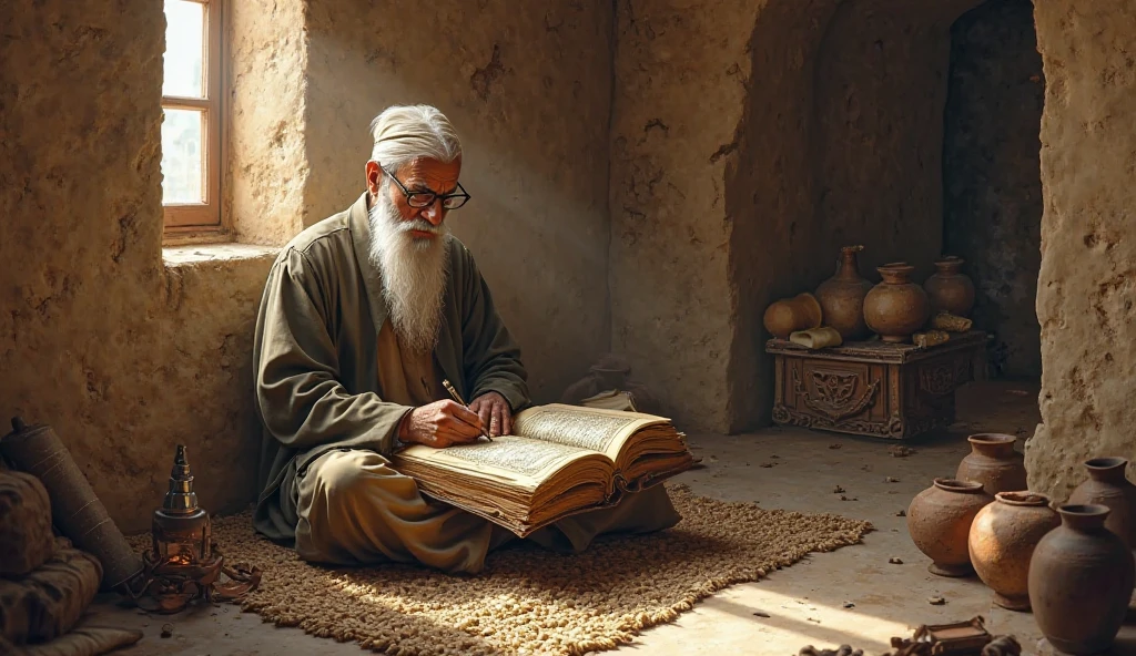 A simple, quiet room from 1200 years ago, with clay walls and a small wooden window letting in soft daylight. In the center, an elderly man with a long white beard and wearing a plain, loose robe sits cross-legged on a woven mat. He is deeply focused, writing with a reed pen on the large pages of a book resting on a wooden low desk. The book looks ancient, its pages thick and slightly yellowed, with detailed handwritten Arabic script and delicate borders. Around him are a few small clay ink pots, and some rolled scrolls tucked in a corner. The atmosphere is serene and scholarly, filled with the scent of old ink and parchment. The room has no luxury—just a lamp on the side and the aura of timeless wisdom.
