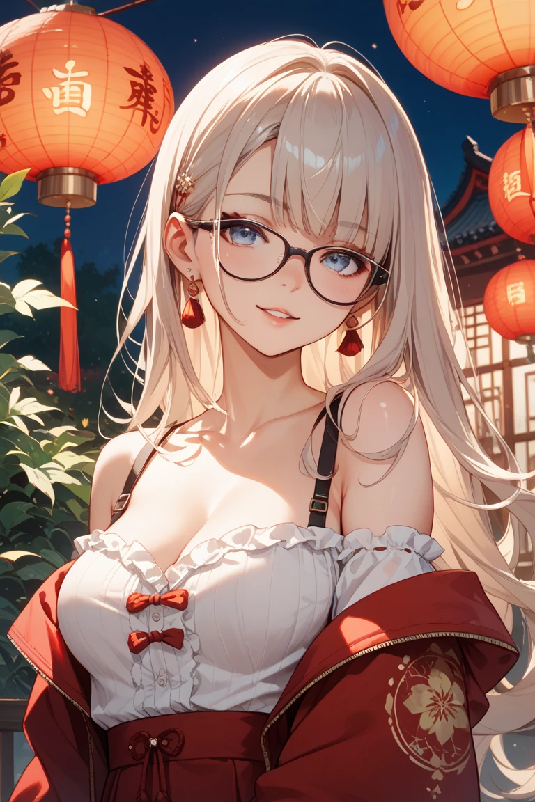 ((Highest quality)), ((masterpiece)), (detailed),、Adult women、Blonde、Long Hair、fluffy hair、Saggy breasts、Glasses、Japanese Shrine Maiden、The cleavage is visible、Inside the shrine、smile、Bikini top、masterpiece、best quality、ultra-detailed、8K、high resolution、