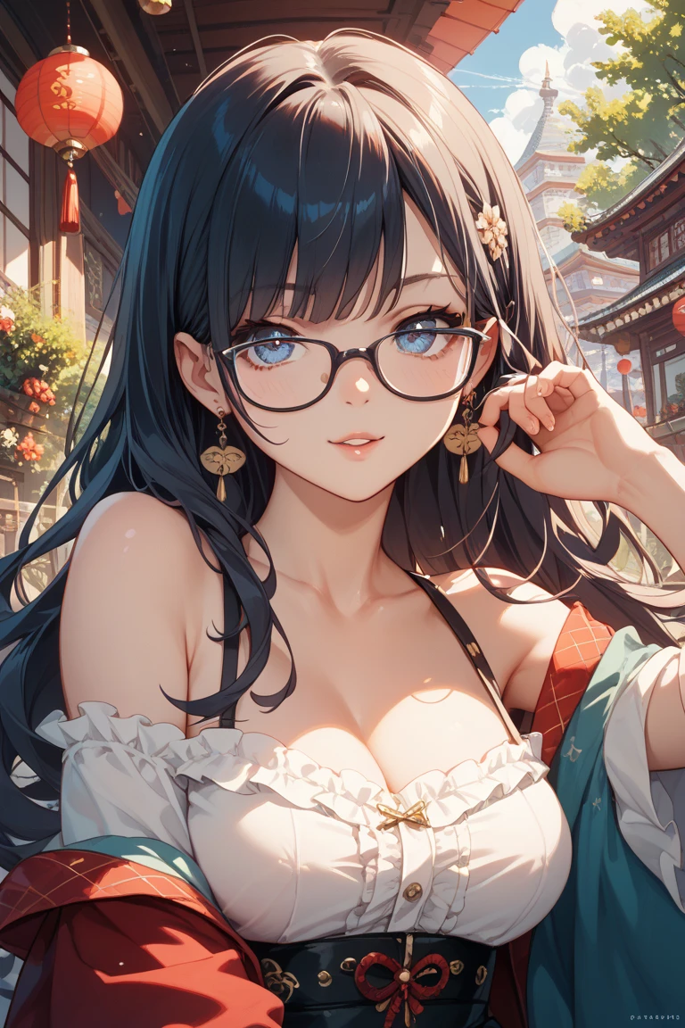 alone, 1 girl, masterpiece, best quality, extremely detailed, movie lighting, intricate details, high resolution, official art, Exquisite and beautiful face and eyes, High resolution illustration, 8K, dark intense shadow, overexposure, [blonde hair/brown hair], single braid, blue eyes, Glasses, smug, sit on the chair, Upper body, Big breasts, White shirt, sling, Book_heap, library, ((vine)), Rose, looking at the audience