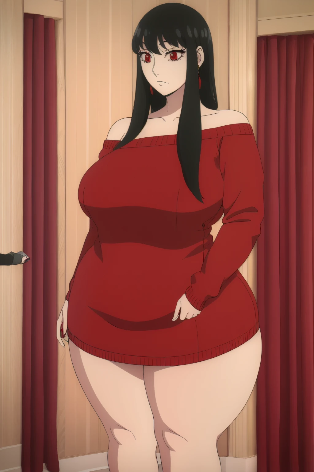 ((high resolution)), Masterpiece, high quality, Best Quality, beautiful, perfect lighting, detailed face, ultra cute face, 1 girl, has dark hair, Blue eyes, tight red dress, whole body, fast food restaurant, massive breasts, neckline, ((Wide hips)), (thick thighs), ((chubby)), vientre chubby, fat folds, standing, Yor,