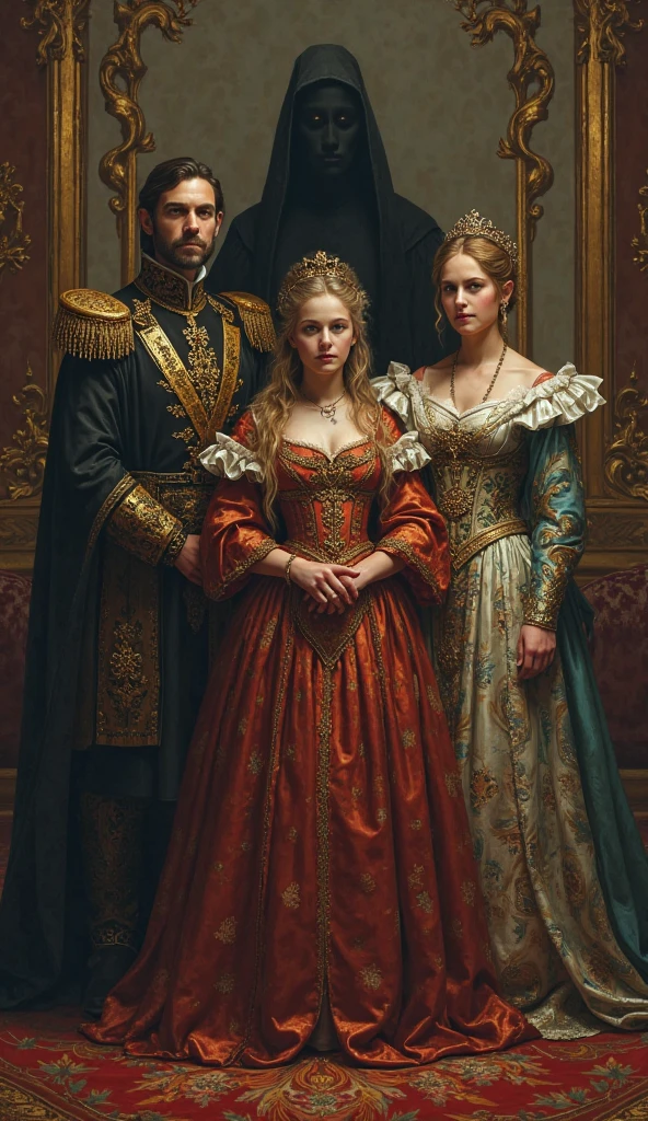 Royal family portrait with a shadow looming in the background, hinting conspiracy, oil painting style