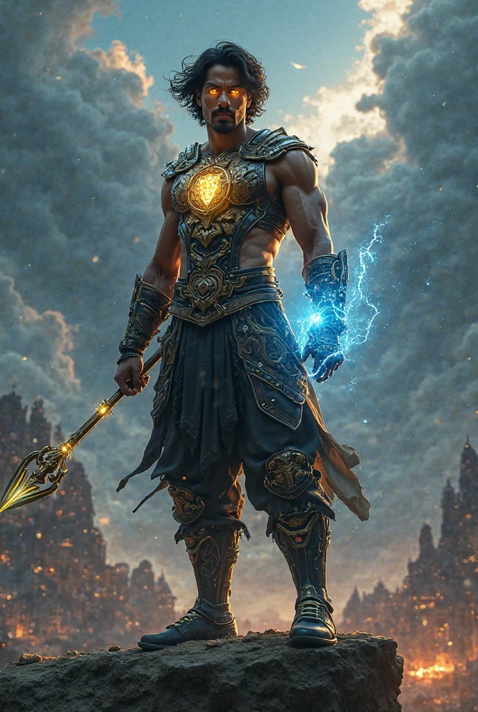 30 year old Indonesian man, buzz cut hair in armor  holding a table tennis racket in the shape of an astral dragon