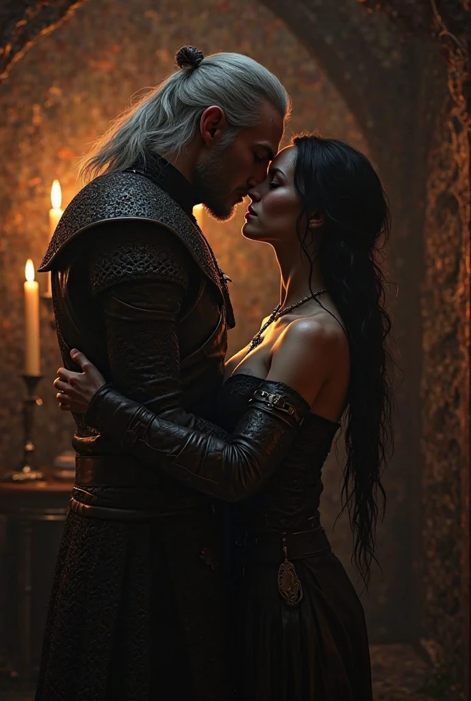 a couple, realistic photography of couple, fantasy, Witcher, Geralt of Rivia (henry cavil) and Yennefer of Vengerberg (Anya Chalotra), intricate details, photorealistic, 8k, high resolution, masterpiece, vibrant colors, cinematic lighting, dramatic atmosphere, fantasy, medieval, dynamic poses, environmental details, fantasy castle, moody lighting, raw photo, bokeh,